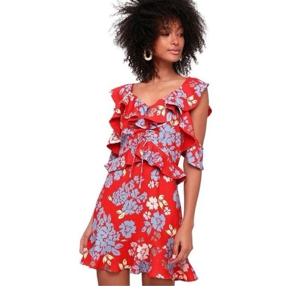C/MEO Collective Dresses & Skirts - C/MEO‎ Collective Red Floral Ruffle Cold Shoulder Mini Dress Womens Medium NWT